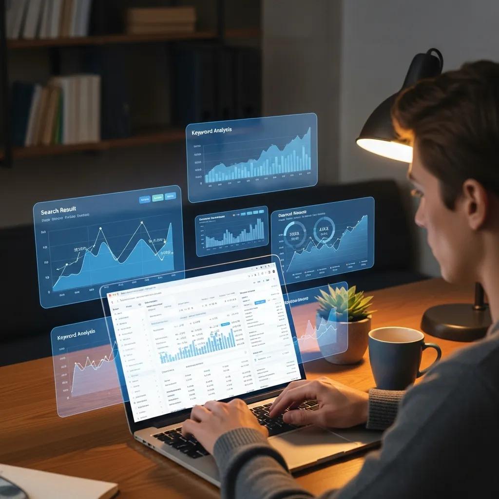 Person analyzing keyword data on a laptop in a cozy office setting